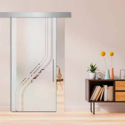 Porte de grange coulissante en verre sans cadre avec design moderne givré + ensemble de quincaillerie (semi-privée)