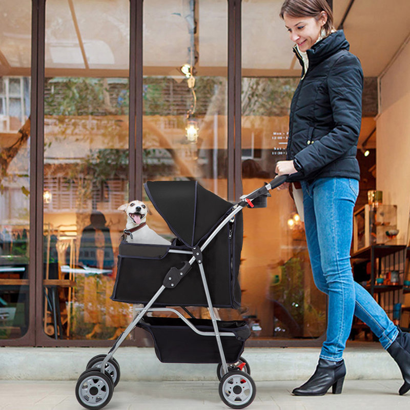 Black 4-Wheeled Folding Pet Stroller with Mesh Windows