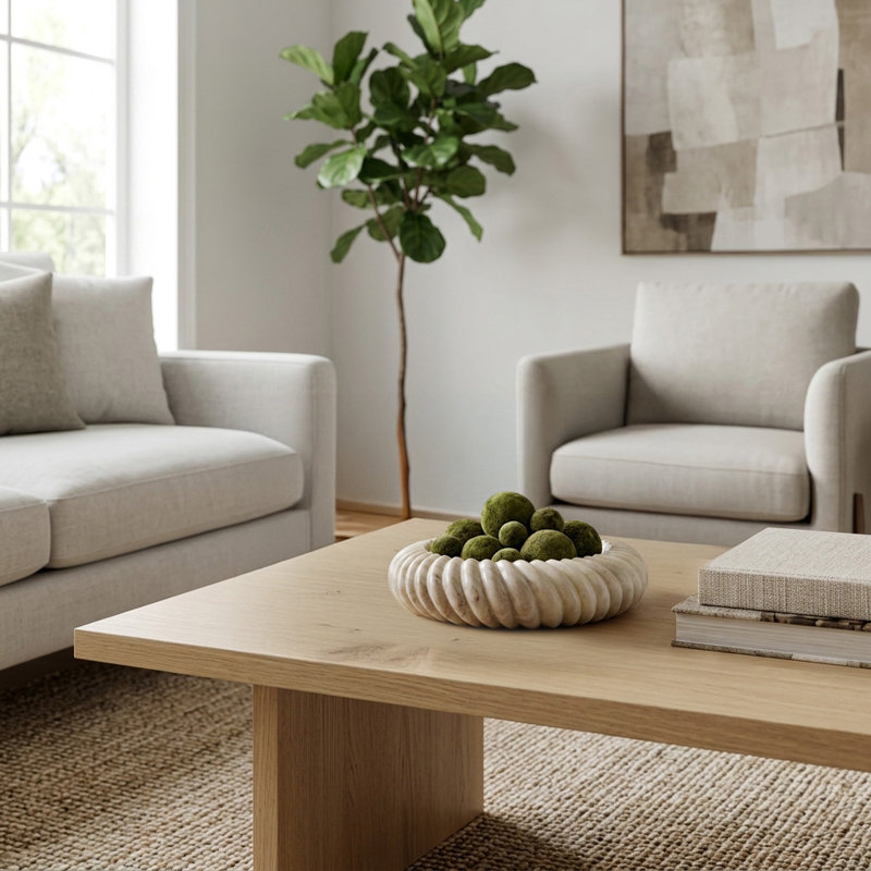 Bol décoratif rond en marbre côtelé à texture sculpturale - Bol moderne pour la décoration intérieure et le centre de table - 30 cm, couleur beige