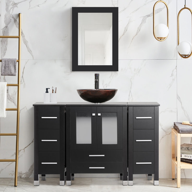 Getzel 48 Single Bathroom Vanity with Wood Top, Vessel Sink, Zinc Alloy Faucet, Solid Wood Legs, Brown, Black