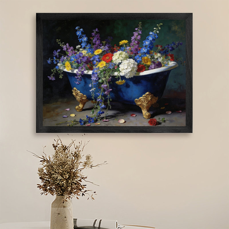 Art mural rétro noir avec baignoire florale rétro, impressions de style réalisme classique, H 13 po x l 17 po