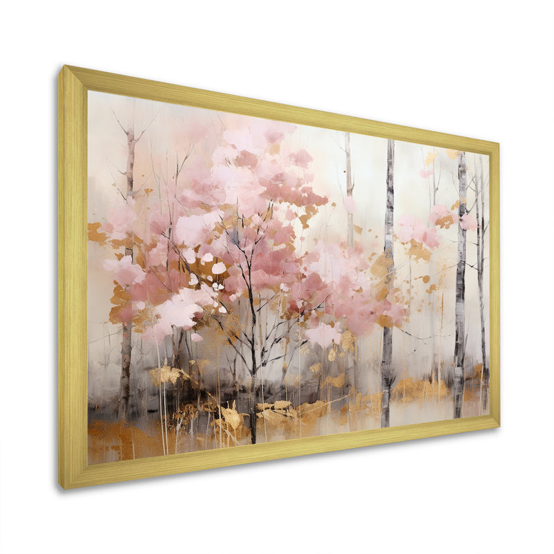 «Minimalisme rose et forêt dorée», reproduction sur toile, H 24 po x l 32 po x P 1 po, Cadre doré simple