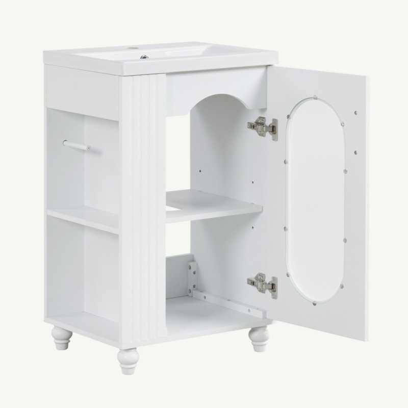 Meuble-lavabo de 20 po avec lavabo, meuble-lavabo avec tablette à deux niveaux, tablette réglable, bois massif et panneau de fibres à densité moyenne, blanc