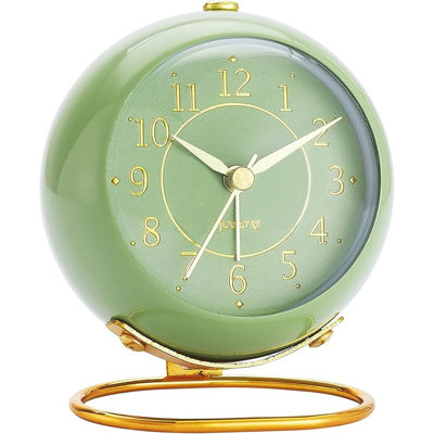Horloge de bureau en métal, réveil analogique rétro de table de chambre à coucher rétro, horloge dorée silencieuse sans tic-tac, décor de chevet (vert olive)