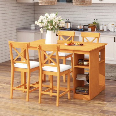 Ensemble de table de salle à manger à hauteur de comptoir en bois massif avec tablettes de rangement à 3 niveaux, chaises de salle à manger rembourrées pour 4