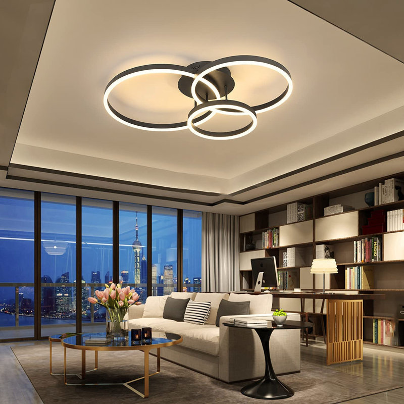 Black Dimmable Acrylic LED Flush Mount Ceiling Light, 15'' H X 82'' W X 58'' D, 3
