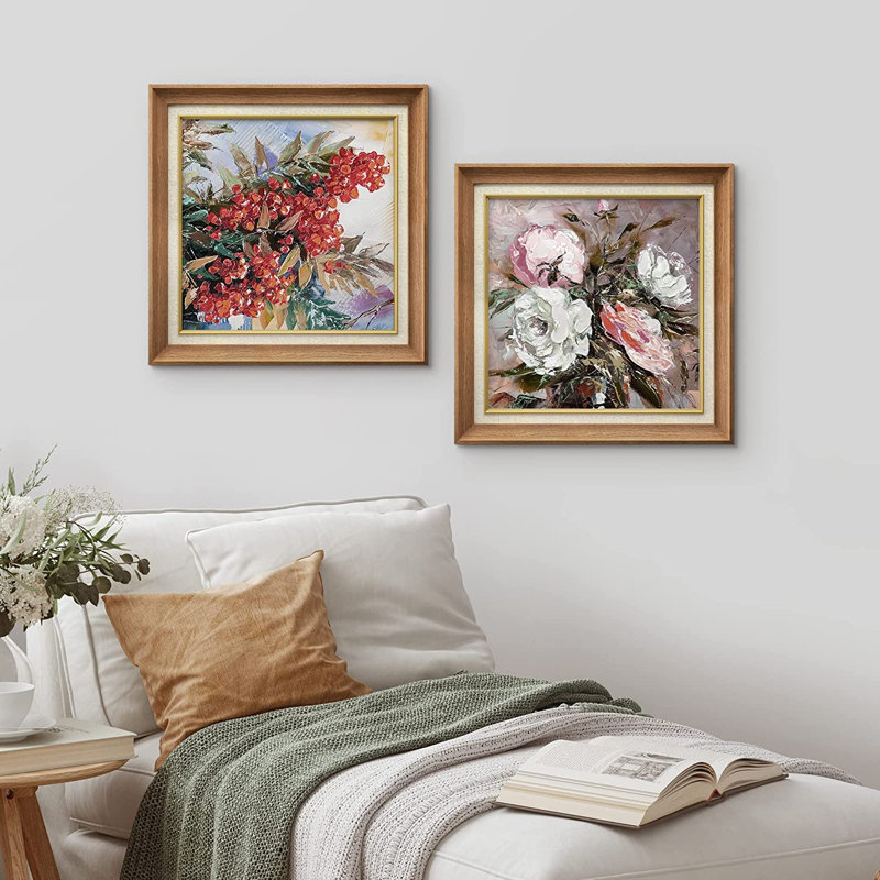 Red Wildflower White Roses - Ensemble de 2 peintures sur toile encadrées, Naturel