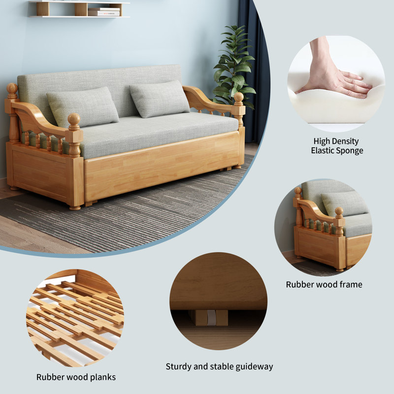 70.8"Queen folding Convertible Sofa Sleeper,Grey cushion Sectional Sleeper Sofa with Reversible Chaise,SolidWood Sofa Bed 3 in1 Pull Out Couch Bed for Living Room,Apartment,Bedroom,Office with Pillows