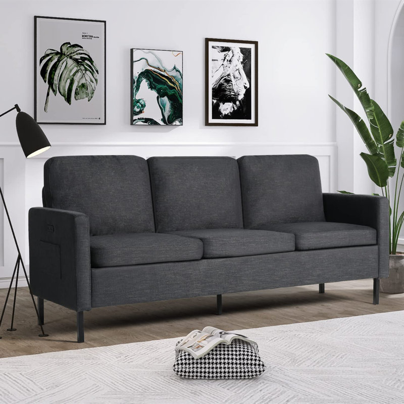 Redi 77" Upholstered Square Arm Sofa with Charging Ports, Dark Gray Linen