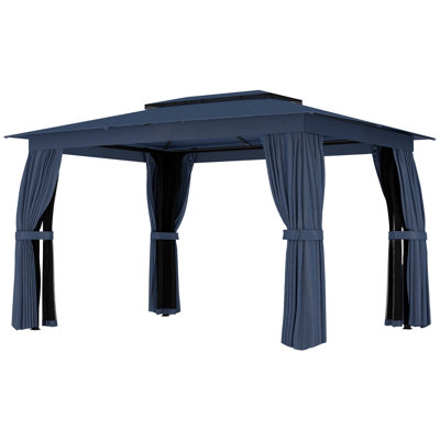 Abri de jardin extérieur 10 pi x 12 pi, abri de jardin à toit souple avec rideaux, filet, structure en acier, crochets, bleu
