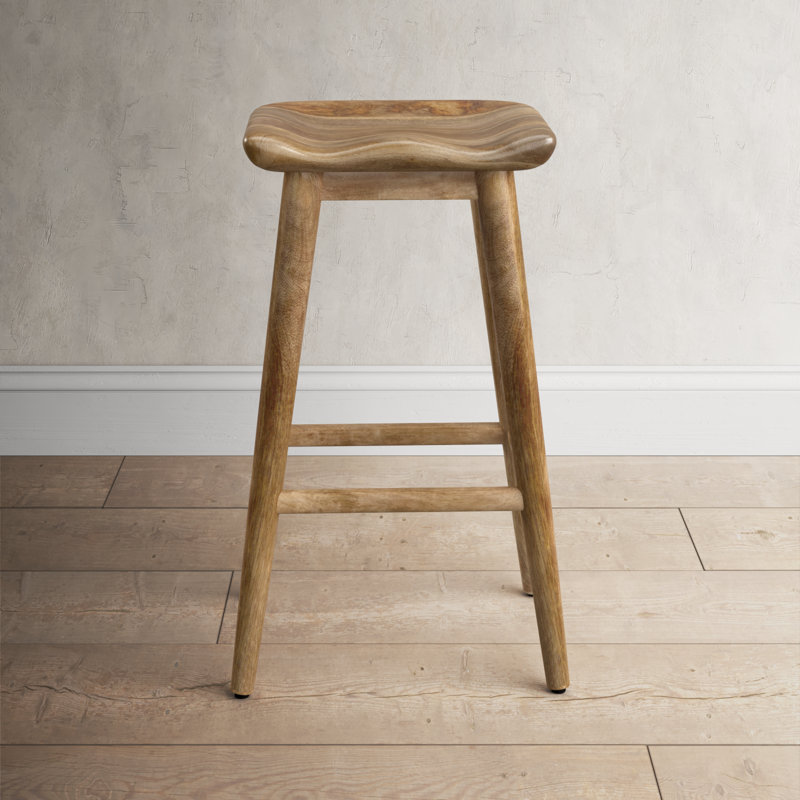 Natural Brown Solid Wood Backless Saddle Counter Stool