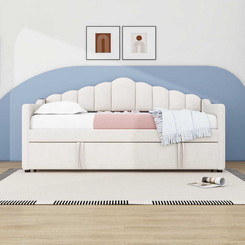 Twin Velvet Upholstered Daybed with Pop-Up Trundle, Pockets, USB and Type-C Charging Ports, Beige