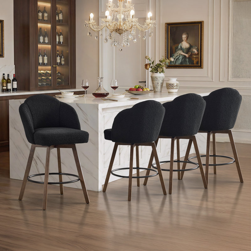 Tabouret de bar et de comptoir pivotant 27 po avec base en bois et grand siège, Sherpa noir, Noir