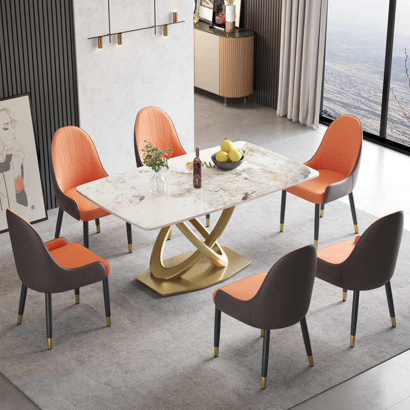 Ensemble de table de salle à manger à piédestal en pierre 7 pièces, Dalishis, Noir / orange