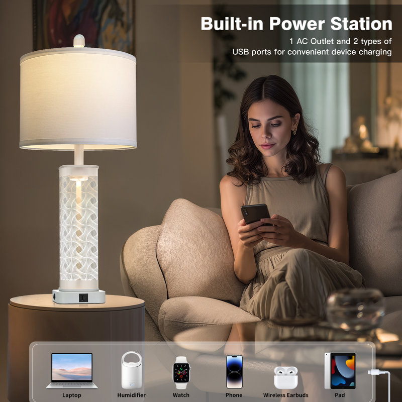 28" Modern Glass Table Lamp with Night Light, USB & Type-C Charging Ports, White Fabric Shade, 2-Light Design, White