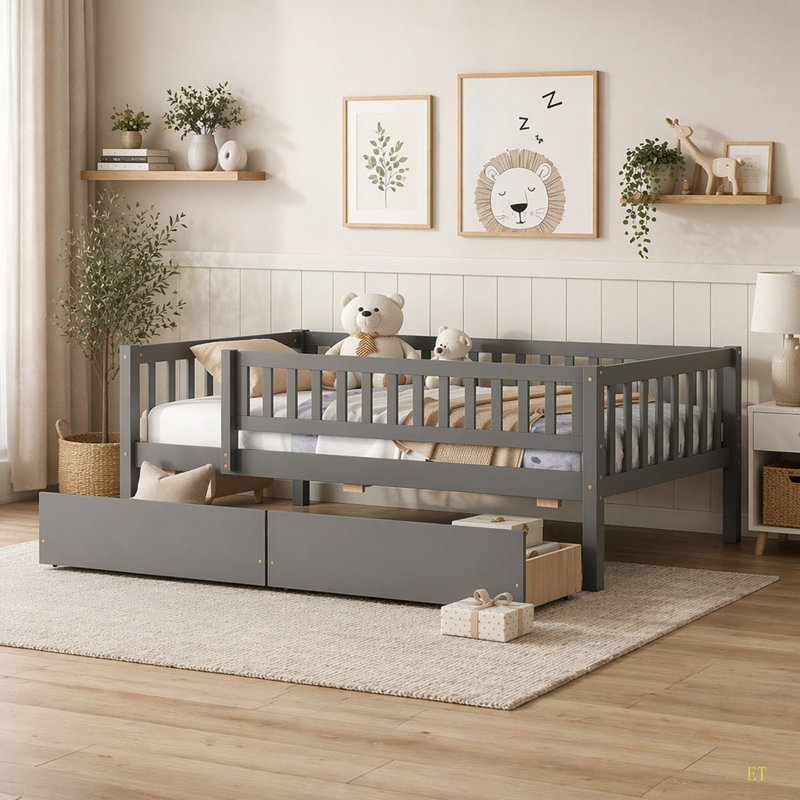 Lit de jour simple en bois avec deux tiroirs, Grey