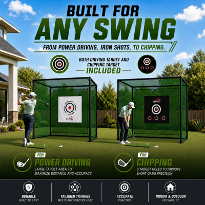  YUNIC Green 10ft x 8ft x 8ft Golf Driving Cage, Heavy-Duty Frame with Double-Layer Netting, Target Cloth & Hitting Mat, Indoor Outdoor Golf Practice Net