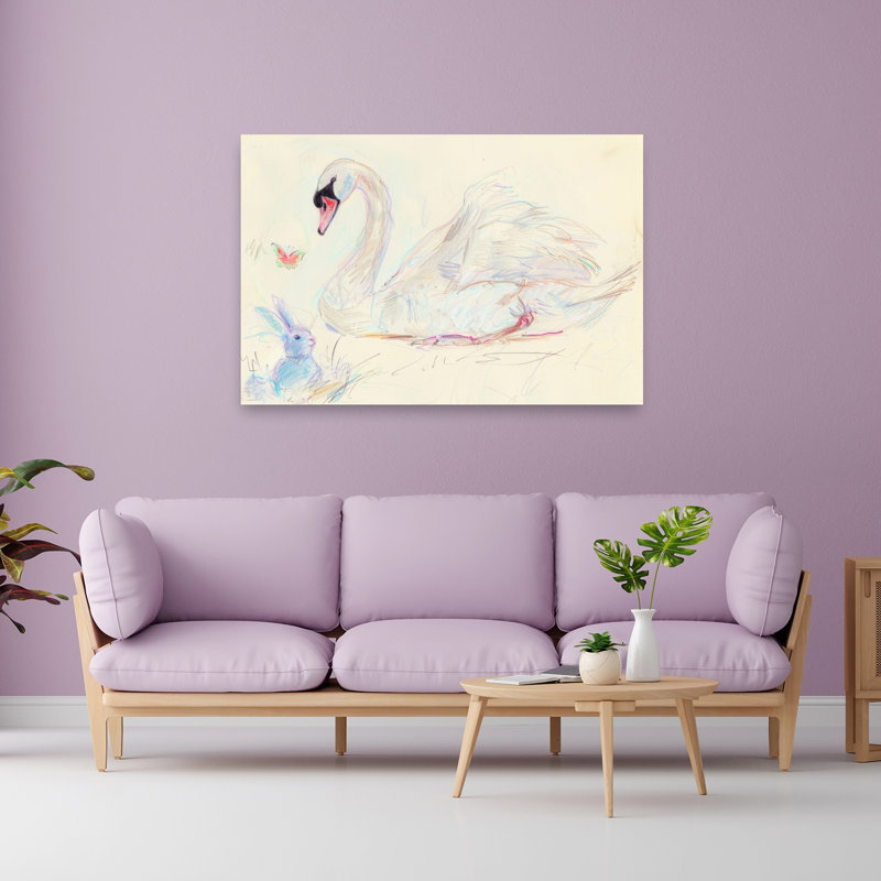 Gentle Swan Rabbit Butterfly Contemporary Butterfly Bird Rabbit Forest Wall Art Print by Mathieu - Wrapped Canvas Print