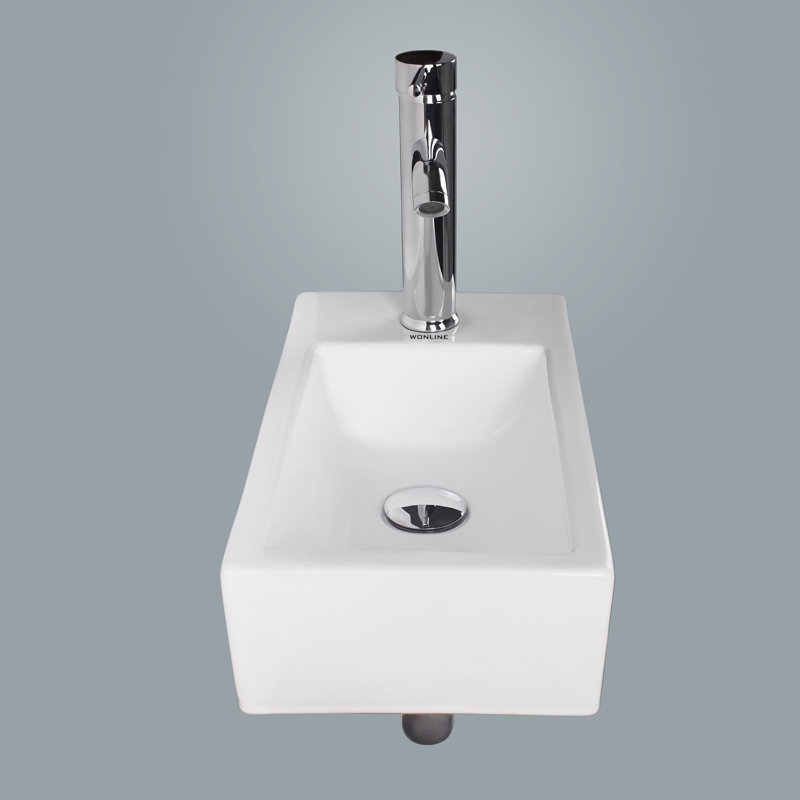 Lavabo de salle de bain mural rectangulaire en céramique blanche avec robinet