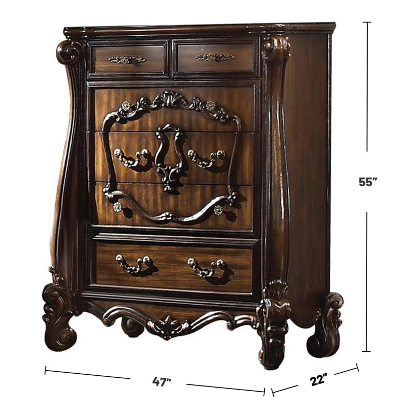 Commode 5 tiroirs en bois au fini chêne cerise
