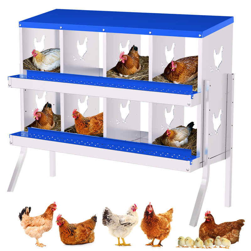 Boîte de nidification pour poulets, boîtes à poules en acier galvanisé à 8 compartiments, poulailler robuste antirouille avec collection Easy Egg pour fermes de jardin - avec pattes de support, bleu