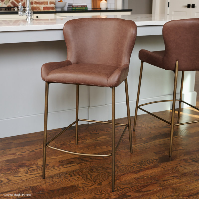 Maven Lane Naomi Stool Faux Leather, Cocoa Brown Seat/Antiqued Brass Frame, Bar Stool (30.9" Seat Height)