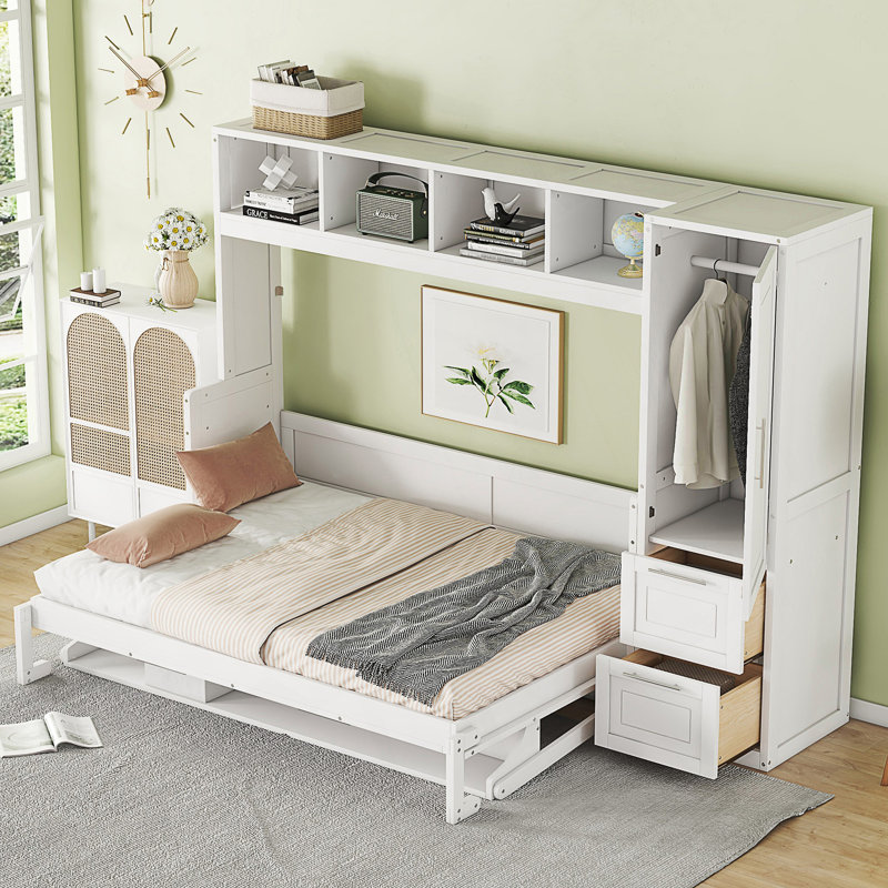 Lit escamotable Murphy avec placard et tiroirs, Blanc, Grand