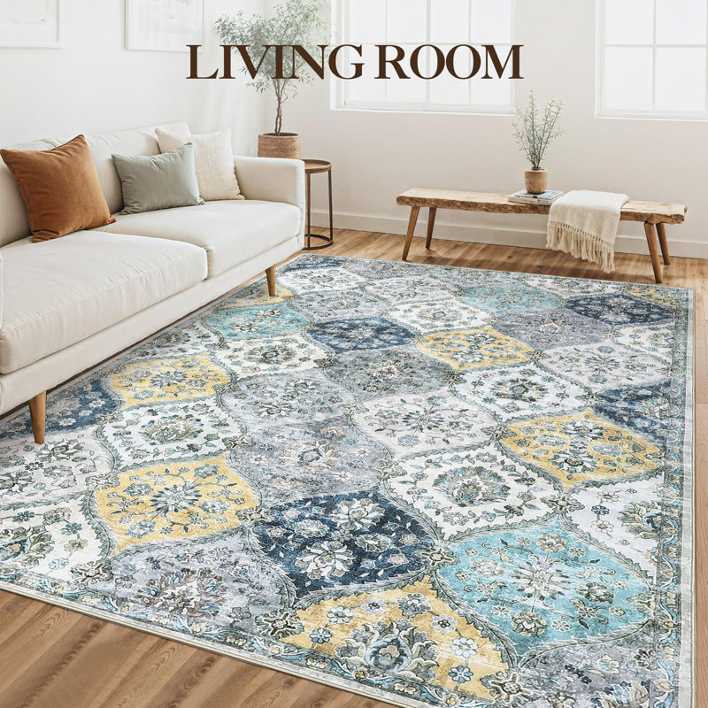 Rectangle Floral Washable Area Rug, Yellow, Rectangle 160 x 230 cm
