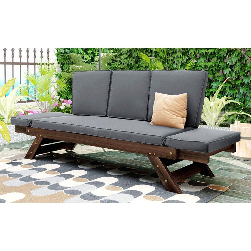 Outdoor Adjustable Patio Wooden Daybed Sofa Chaise Lounge With Cushions For Small Places, Gray Cushion/Brown Frame