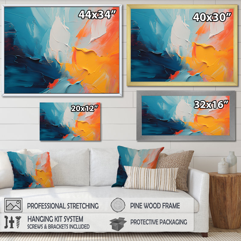 «Blue and Orange Paint Expression 4», art mural abstrait, Cadre doré à coins fermés, H 12 po x l 20 po x P 1 po