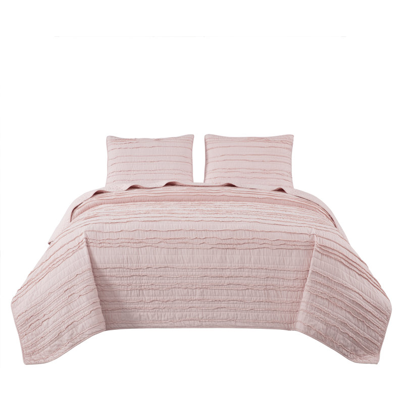 Pre-Washed Solid Cotton Soft-Finished Ruffled Quilt Set, Queen Quilt + 2 Standard Shams, Blush