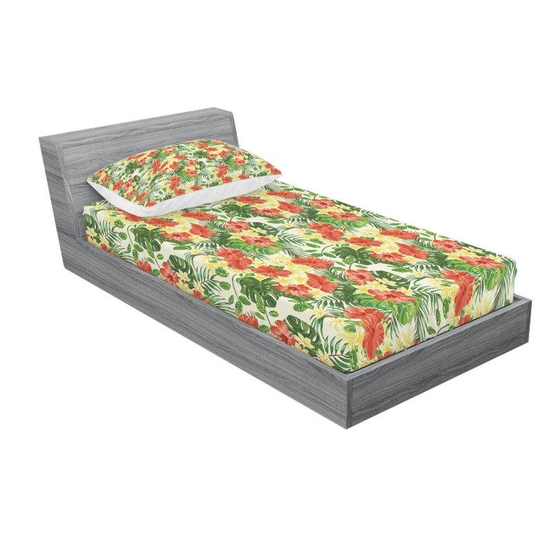 Microfiber Floral Sheet Set, Twin Sheet Set with Fitted Sheet, Exotic with Plumeria Hibiscus Floral