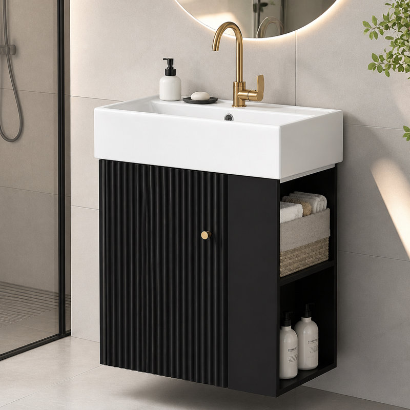 Meuble-lavabo flottant moderne de 21,6 pouces avec lavabo en céramique et rangement à droite, conception peu encombrante pour les petites salles de bain