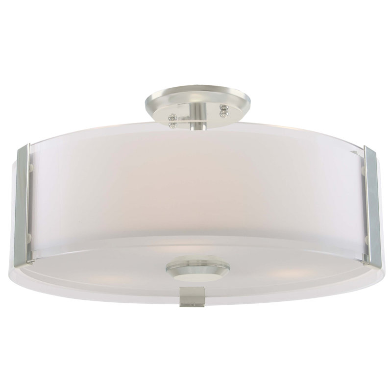 Plafonnier semi-encastré 3 lumières à tambour simple 14 po Deja, Nickel satiné, H 8,25 po x l 16 po x P 16 po