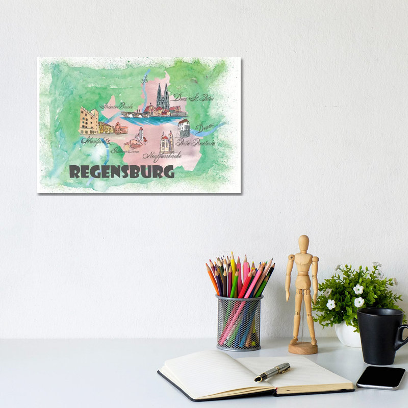 Regensburg, Germany Travel Poster 1 Piece Wrapped Canvas Wall Art, 20.32 cm H x 30.48 cm W