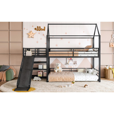 Twin metal House Bunk Bed with Storage Stairs, Slide, Safety Rails, Black