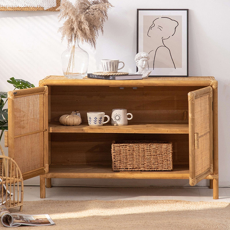 Armoire de rangement rétro en osier et pin