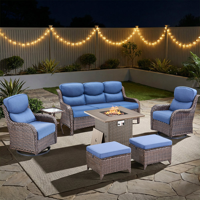 Simino 5-Piece All Weather Outdoor Wicker Patio Conversation Set With Square Fire Pit Table, Swivel Gliders And Side Table