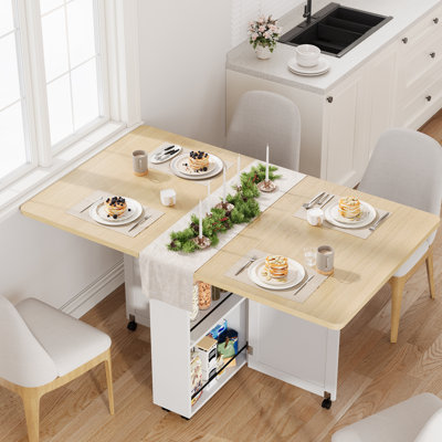 Folding Dining Table with Storage, 6 Wheels, Drawer & Shelves, Compact for Small Spaces