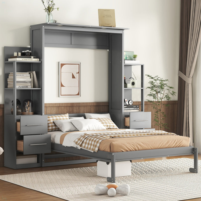 Murphy Bed Wall Bed With Shelves, Drawers And LED Lights, Gray, Full