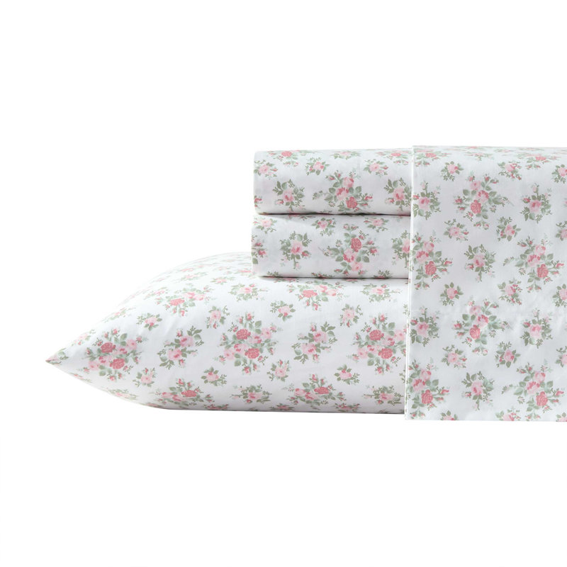 Percale Novelty 200 Thread Count Printed Cotton Sheet Set, Queen Sheet Set with 2 Standard Pillowcases, Pink Leanna Rose