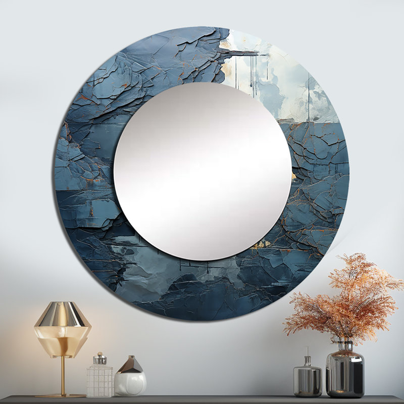 «Blue and White River Embrace», peinture abstraite, miroir mural unique, miroir rond moderne, impression sur métal