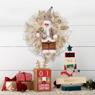 Christmas Santa Claus Wreath, 45cm Stuffed Xmas Christmas Mesh Front Door Wreaths Hanging Ornaments Holiday Indoor Outdoor Decor Party Supplies Fireplace Window Festival Decor