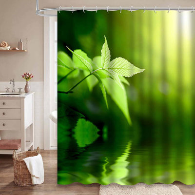 Leaves Deep Forest Lake Nature Green Shower Curtain with 12 Hooks