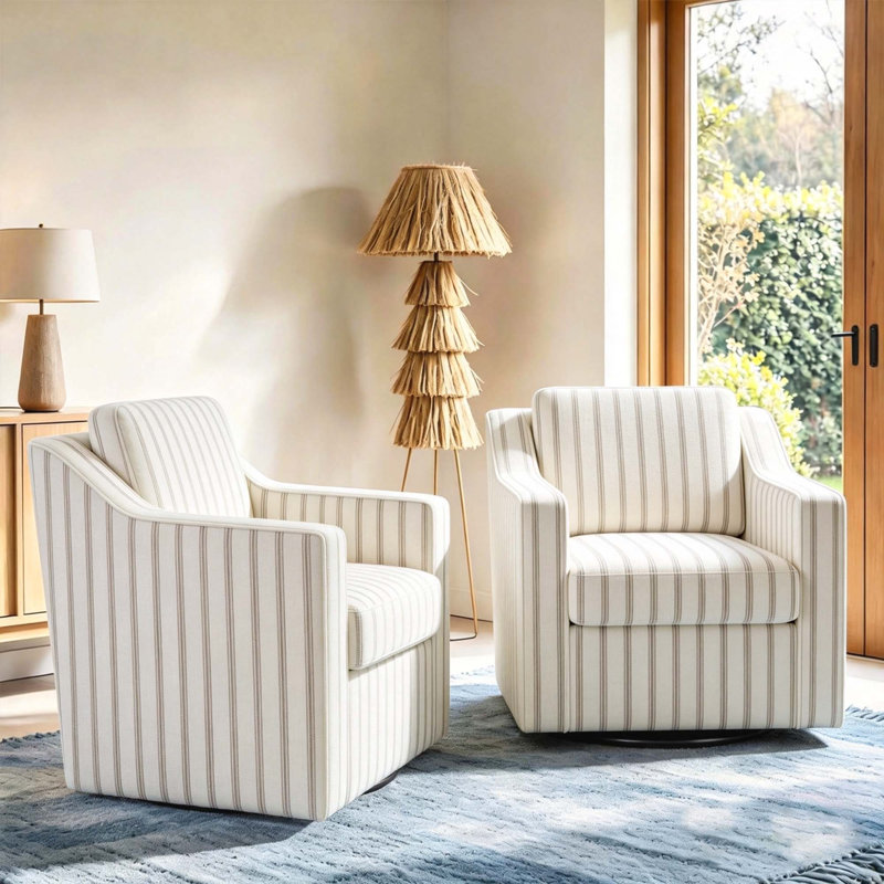 Fauteuil pivotant rembourré avec dossier large et coussin Bronnen, Mélange de coton brun clair à fines rayures
