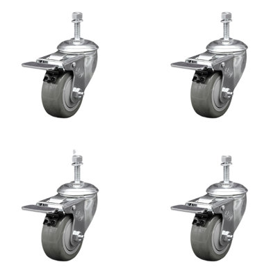 3 Inch SS Gray Polyurethane 3/8 Inch Threaded Stem Caster Set Total Lock Brake