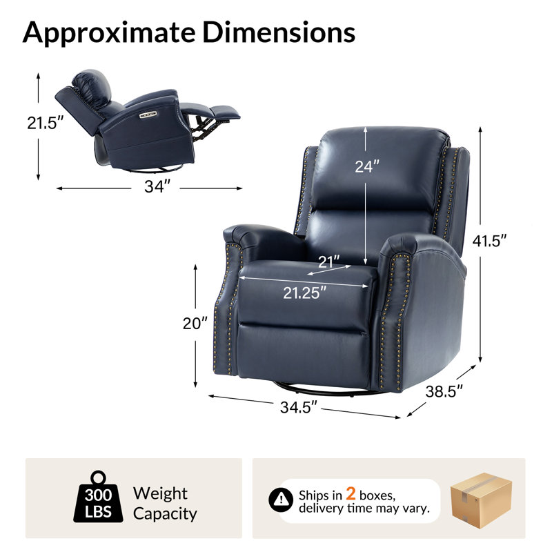 Bouton Traditional Genuine Leather Power Swivel Glider Recliner Set Of 2, Navy