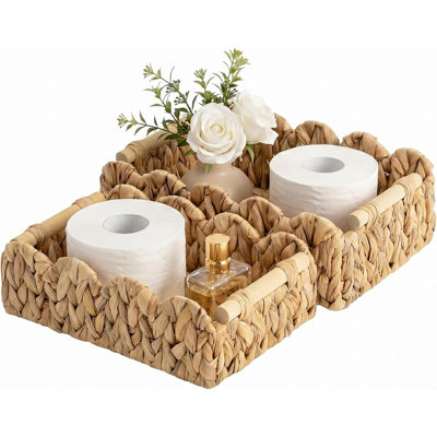 Panier de rangement pour papier hygiénique, à fixer derrière le réservoir des toilettes, avec poignées en bois. Organisateur de papier de toilette tressé, beige naturel.