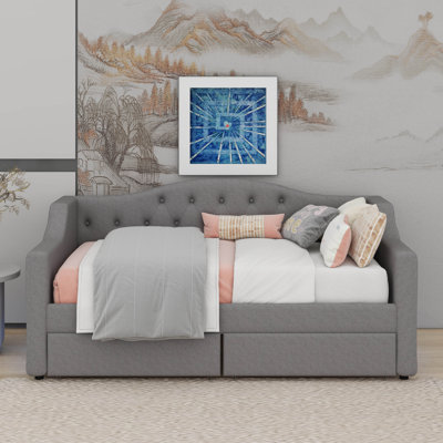 Upholstered Twin XL Size Daybed With LED Belt And 2 Drawers by Mercer41