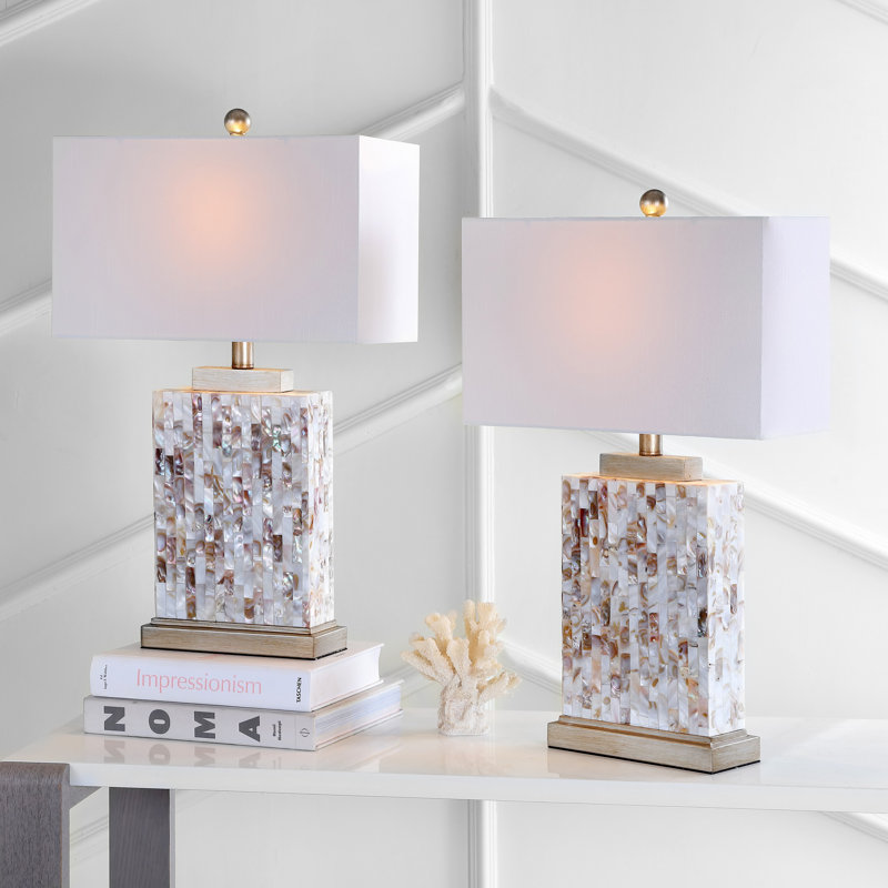 Ivory Shell Table Lamp Set with White Rectangular Shade